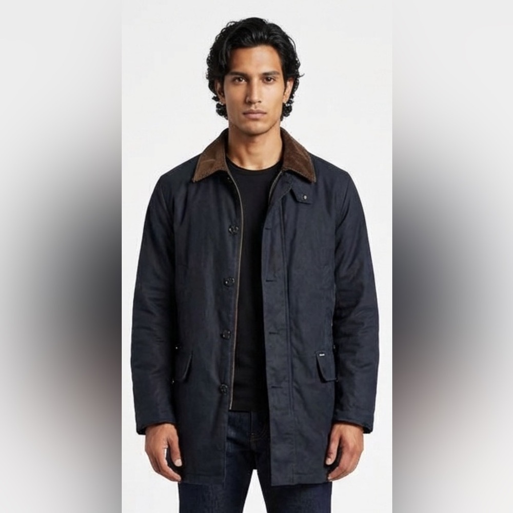 Vintage Men's Medium Faconnable Storm System Dark Navy Jacket with Brown Collar